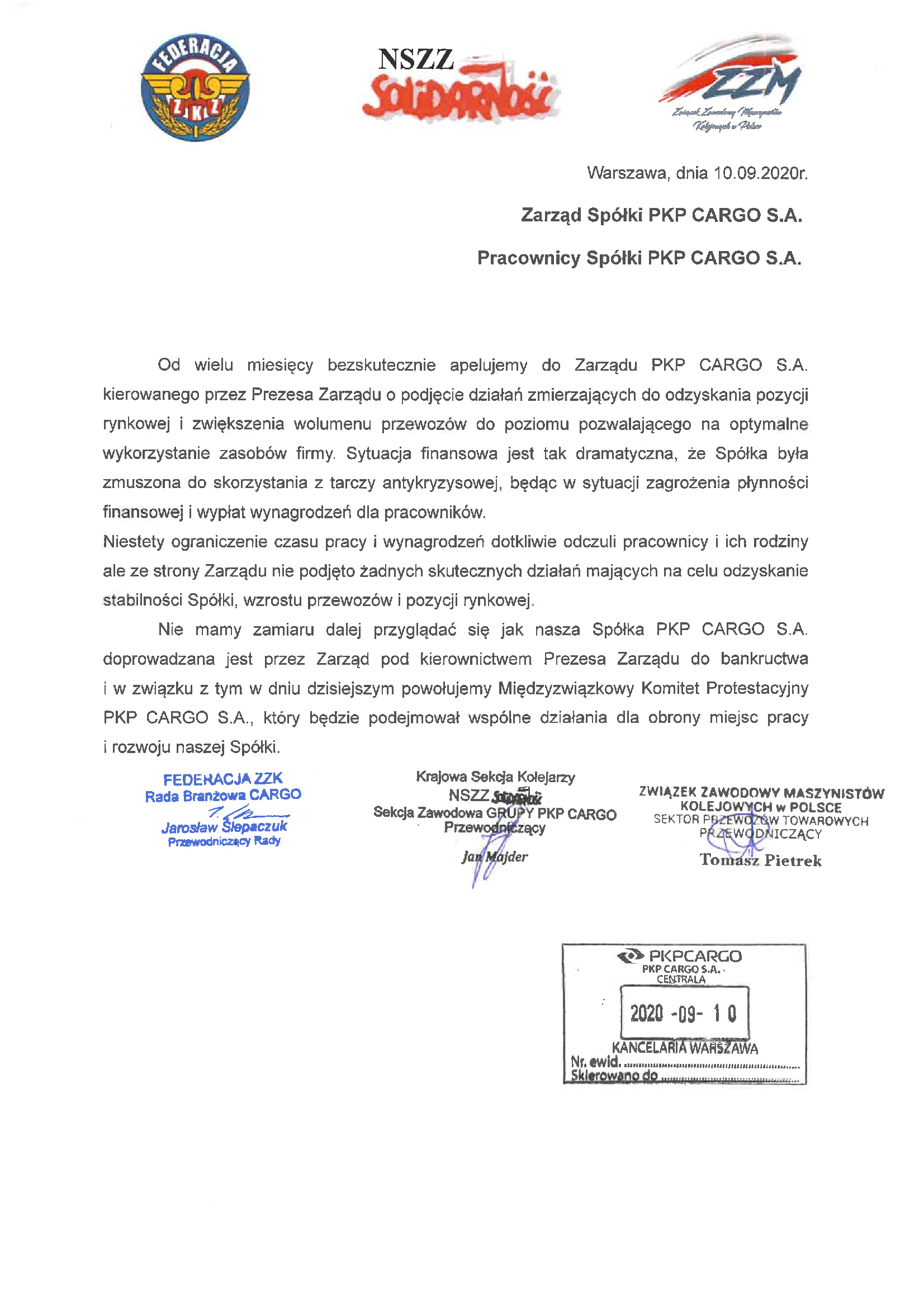 Komitet Protestacyjny PKP Cargo 10.09.2020