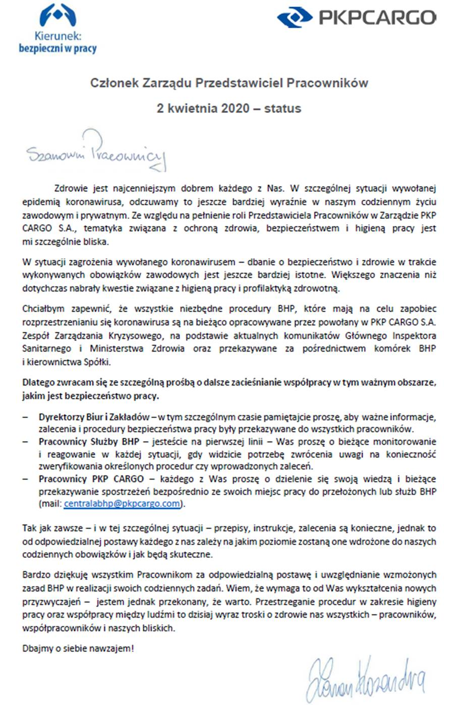 List Prezesa Z. Kozendry