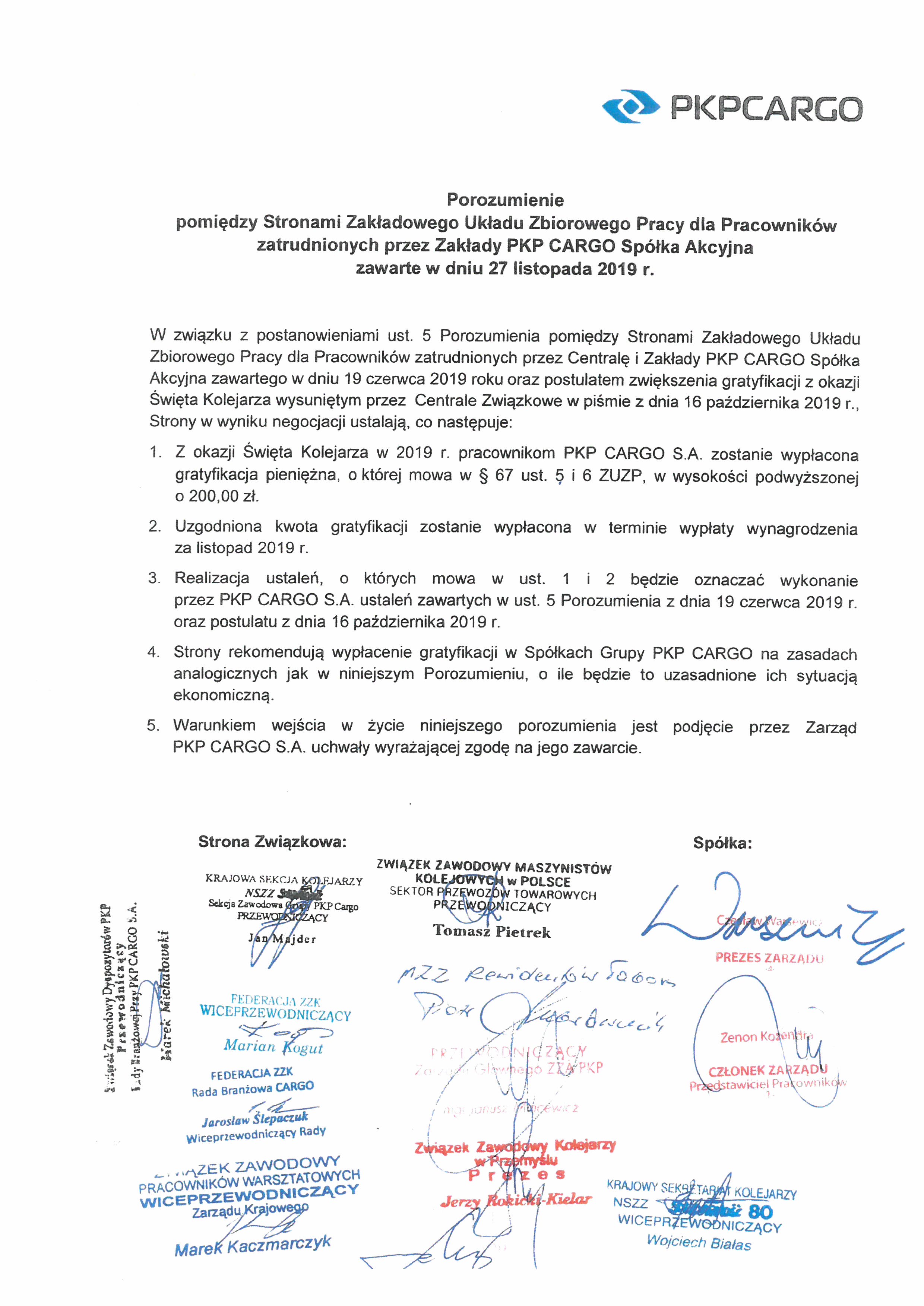 Porozumienie 27.11.2019 Kolejarz