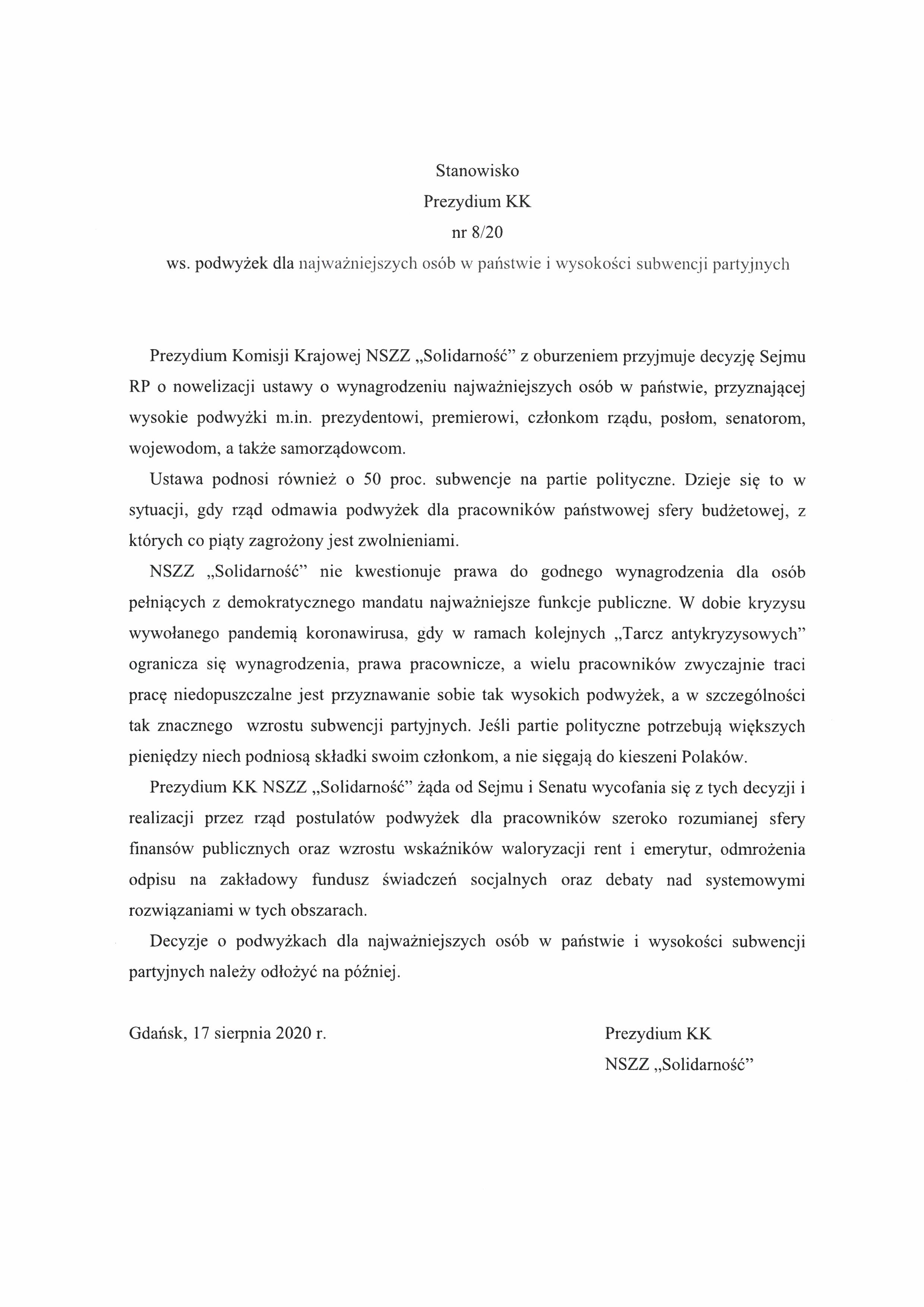 Stanowisko Prezydium KK 17.08.2020