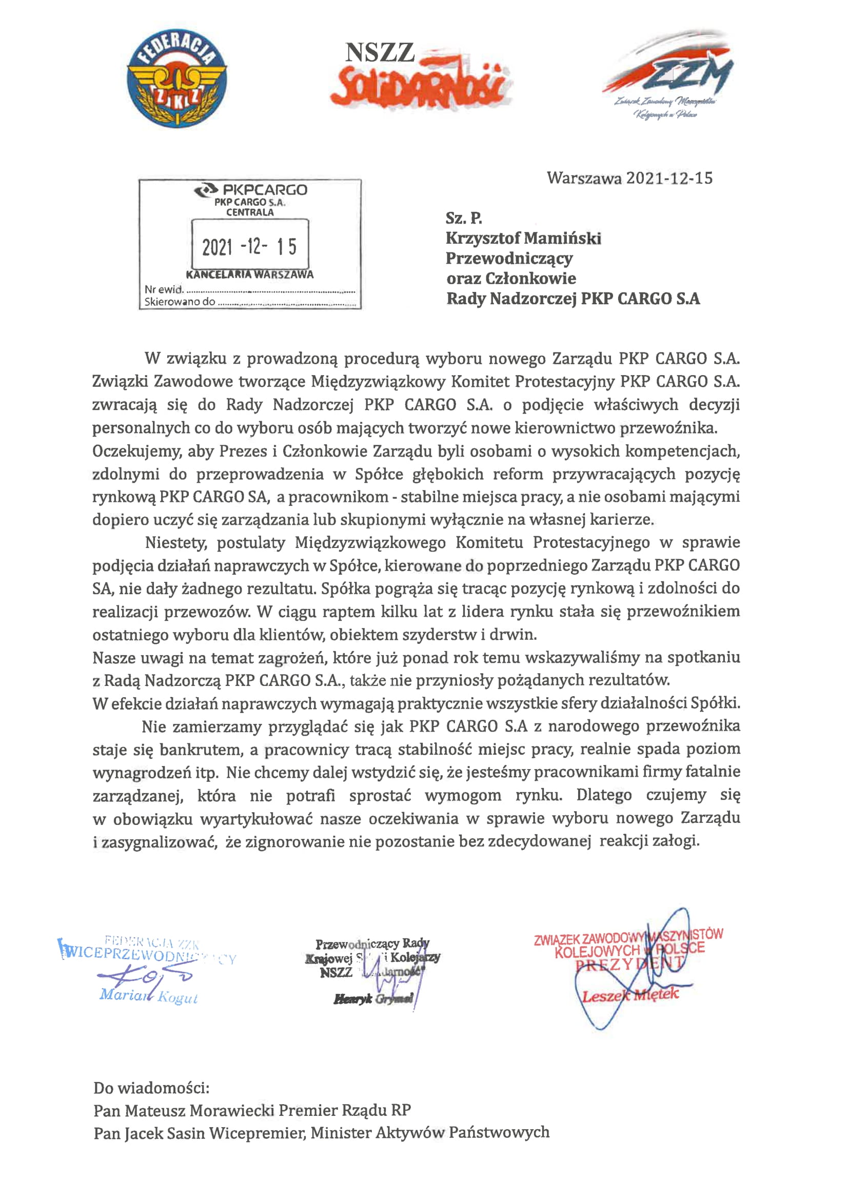 Wystpienie ZZ do Rady Nadzorczej PKP Cargo 1