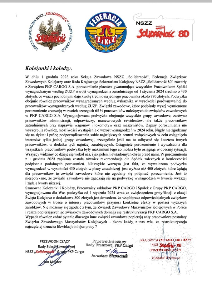 List ZZ do Pracownikw PKP Cargo