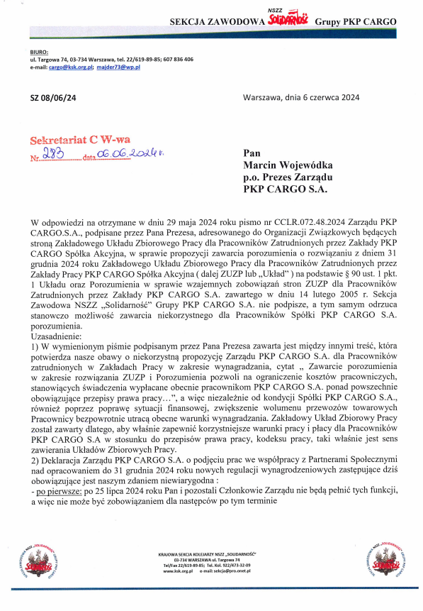 Pismo Sekcji Zawodowej dot ZUZP