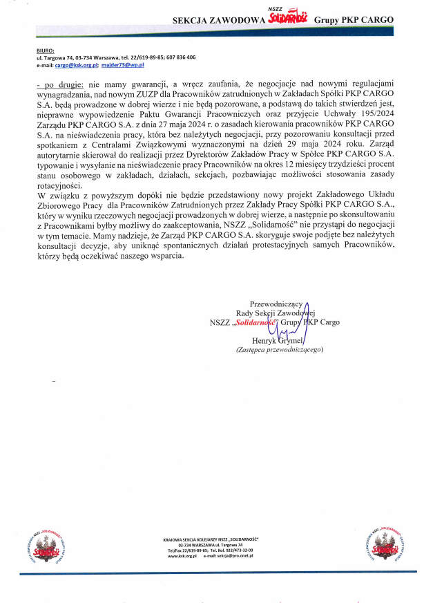 Pismo Sekcji Zawodowej dot ZUZP 2