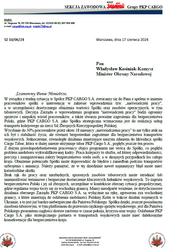 Pismo do Ministra Obrony Narodowej str 1
