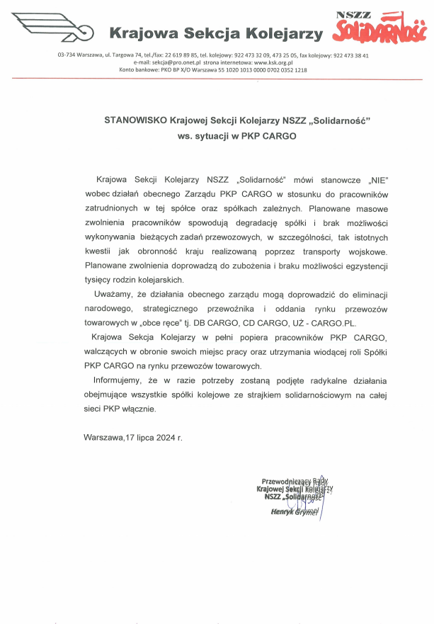 Stanowisko Krajowej Sekcji Kolejarzy NSZZ Solidarno