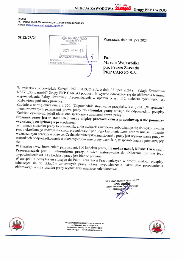 odp Sekcji Zawodowej w sprawie Paktu