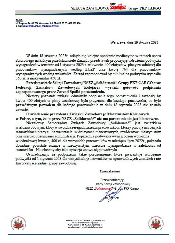 Owiadczenie SZ Grupy PKP Cargo