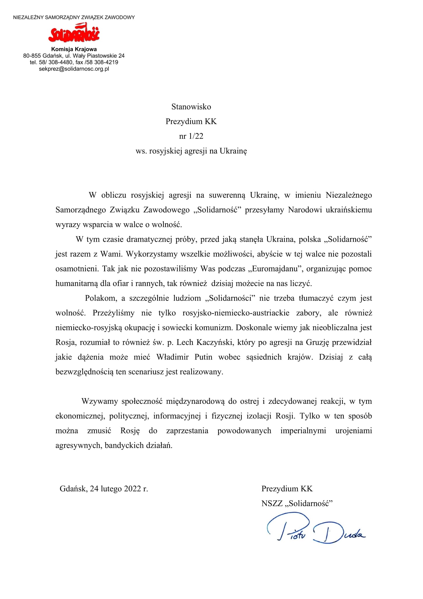 Stanowisko Prezydium KK nr 1 22