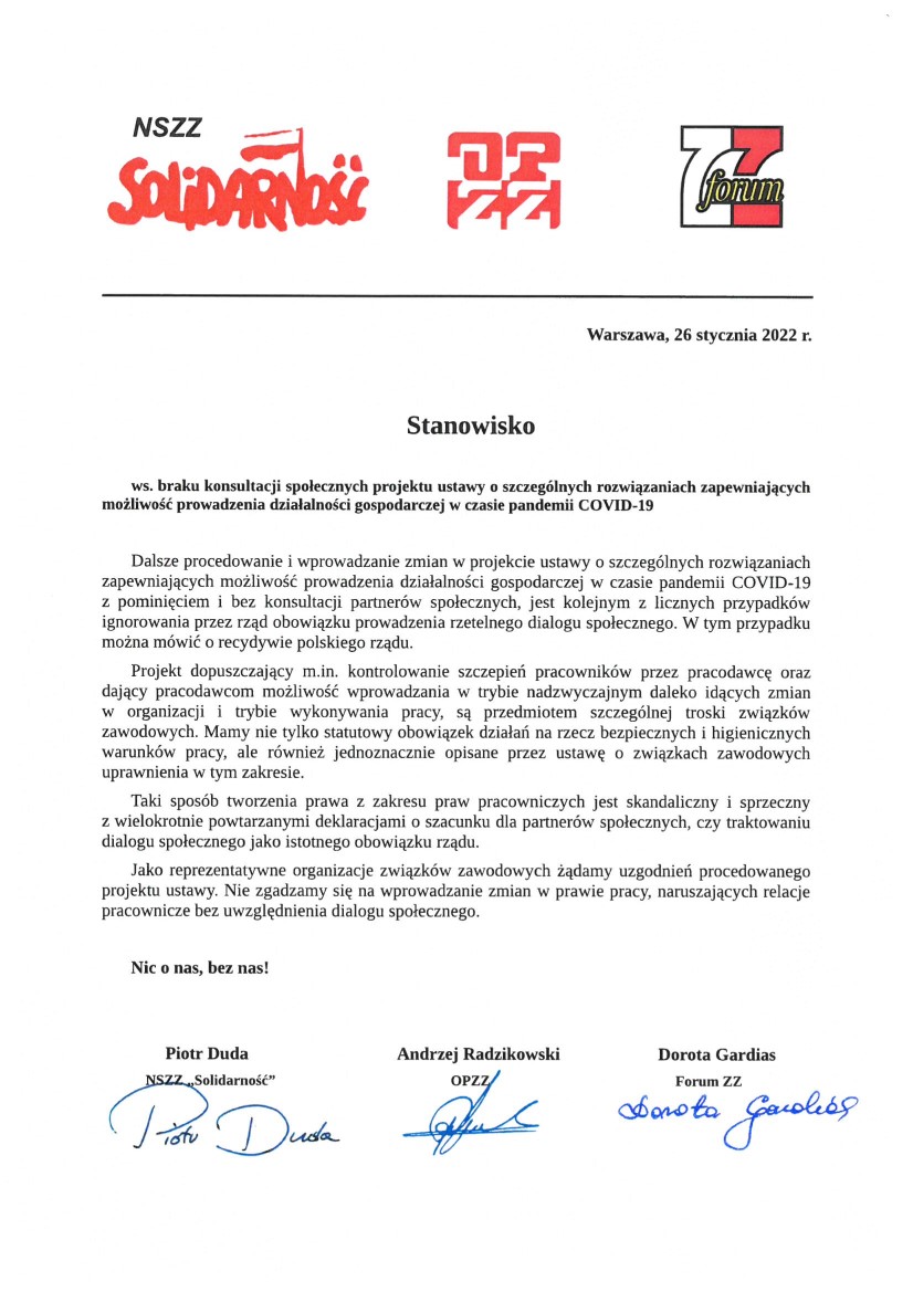 Stanowisko ZZ w spr braku konsultacji spoecznych